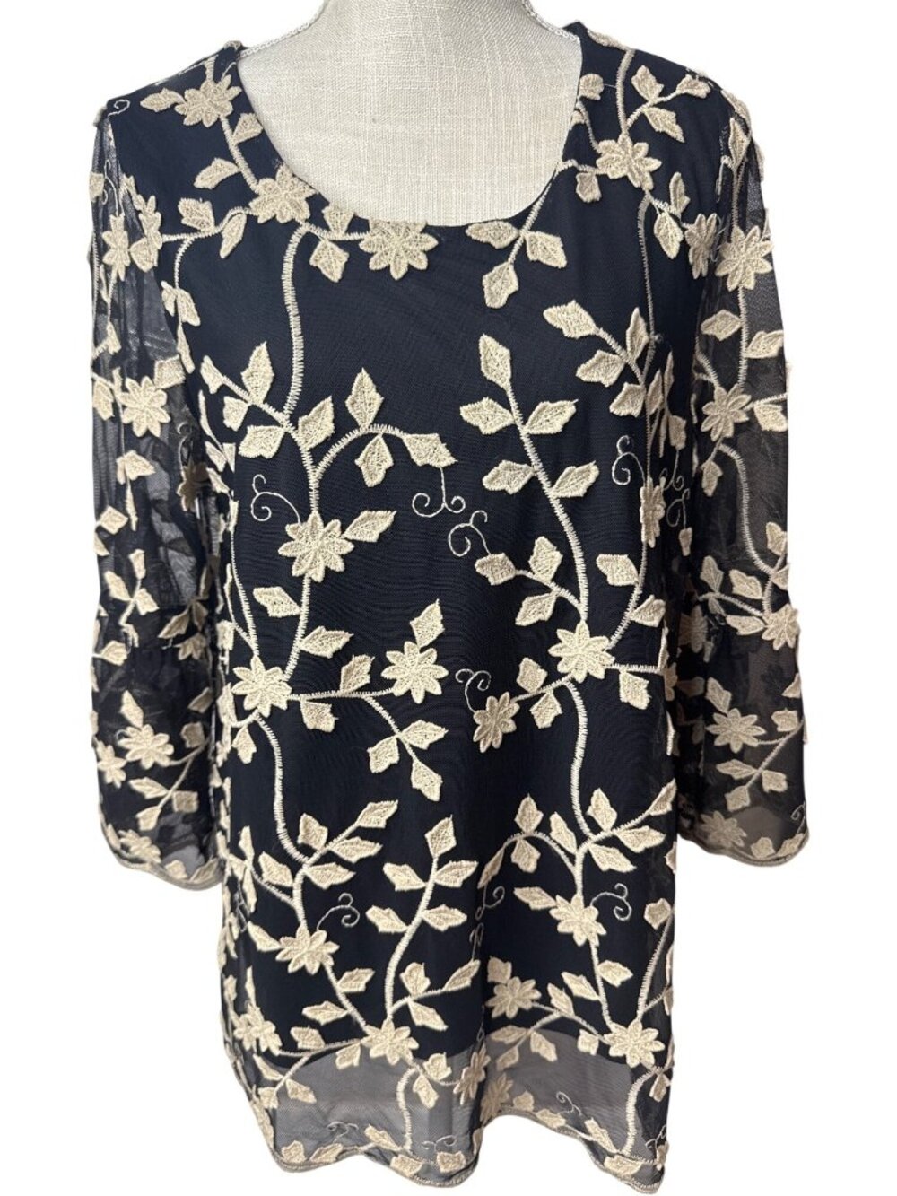 Alfani Black & Gold Floral Embroidered Sheer Tunic Top Size L